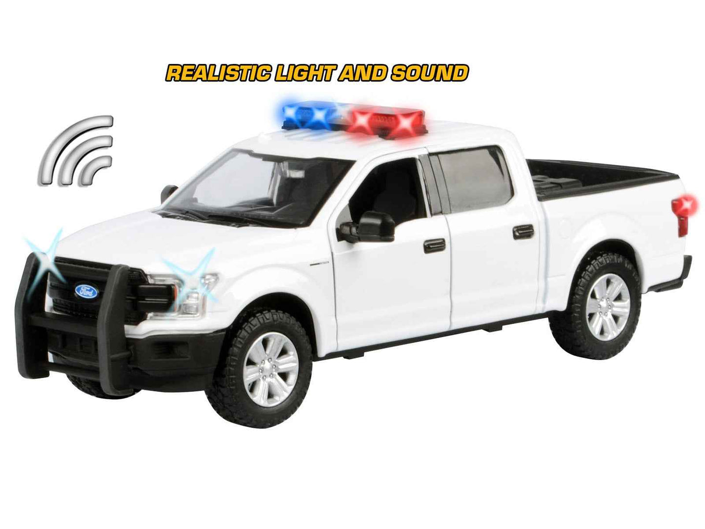 2019 Ford F-150 Lariat Crew Cab Pickup Truck White with Flashing Light Bar and Front and Rear Lights and Sounds 1/24-1/27 Diecast Model Car by Motormax