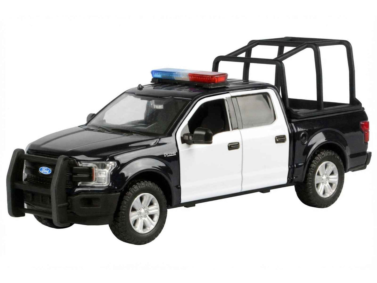2019 Ford F-150 Lariat Crew Cab Pickup Truck with Bed Cage Black and White with Flashing Light Bar and Front and Rear Lights and Sounds 1/24-1/27 Diecast Model Car by Motormax