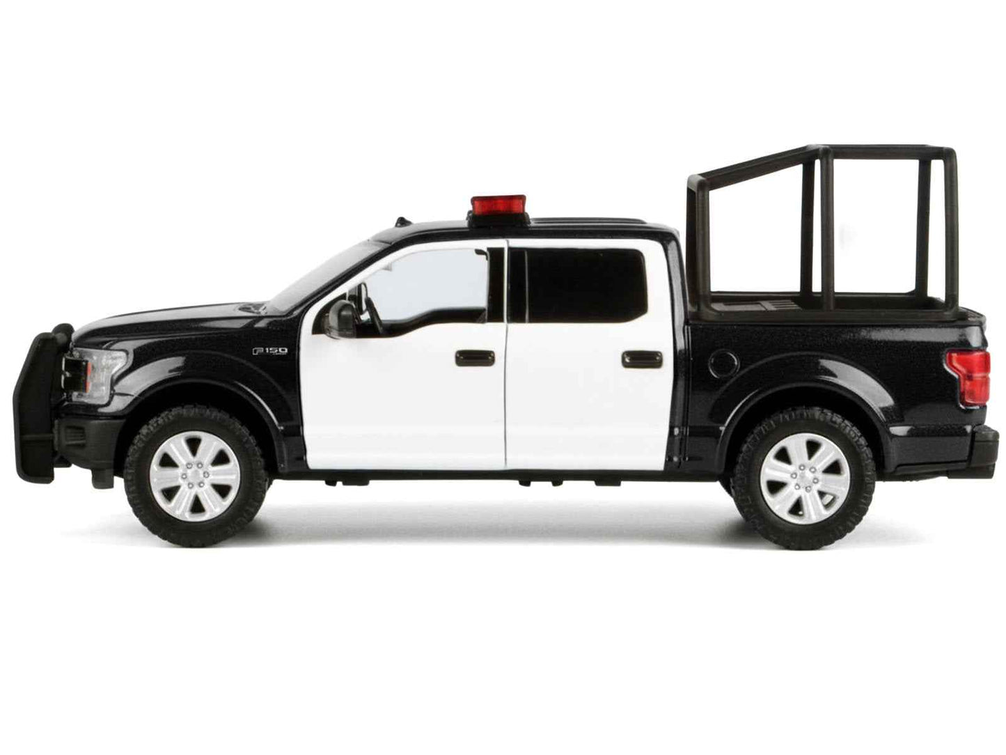 2019 Ford F-150 Lariat Crew Cab Pickup Truck with Bed Cage Black and White with Flashing Light Bar and Front and Rear Lights and Sounds 1/24-1/27 Diecast Model Car by Motormax
