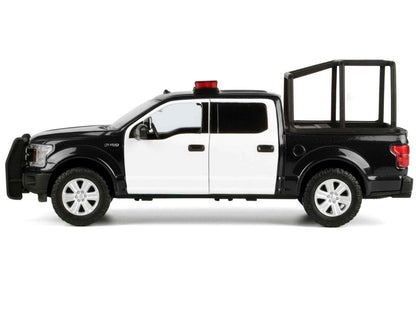 2019 Ford F-150 Lariat Crew Cab Pickup Truck with Bed Cage Black and White with Flashing Light Bar and Front and Rear Lights and Sounds 1/24-1/27 Diecast Model Car by Motormax