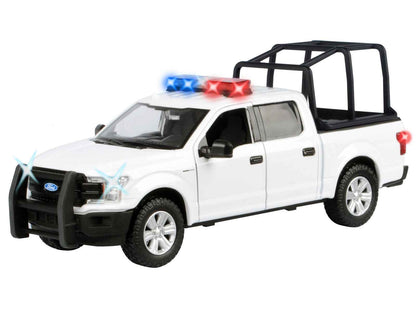 2019 Ford F-150 Lariat Crew Cab Pickup Truck with Bed Cage White with Flashing Light Bar and Front and Rear Lights and Sounds 1/27 Diecast Model Car by Motormax