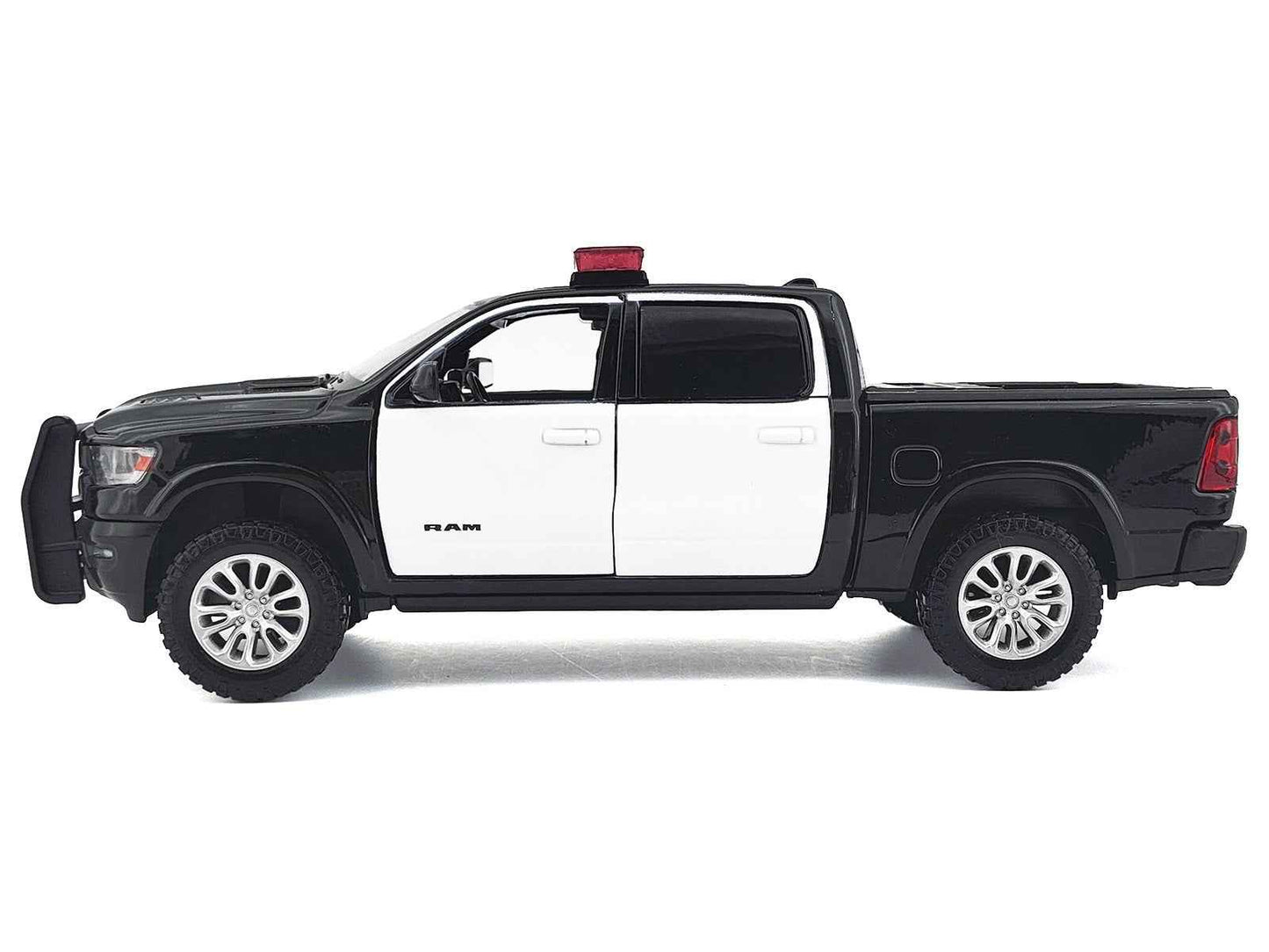 2019 RAM 1500 Laramie Crew Cab Pickup Truck Black and White with Flashing Light Bar and Front and Rear Lights and Sounds 1/27 Diecast Model Car by Motormax