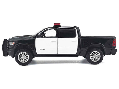 2019 RAM 1500 Laramie Crew Cab Pickup Truck Black and White with Flashing Light Bar and Front and Rear Lights and Sounds 1/27 Diecast Model Car by Motormax