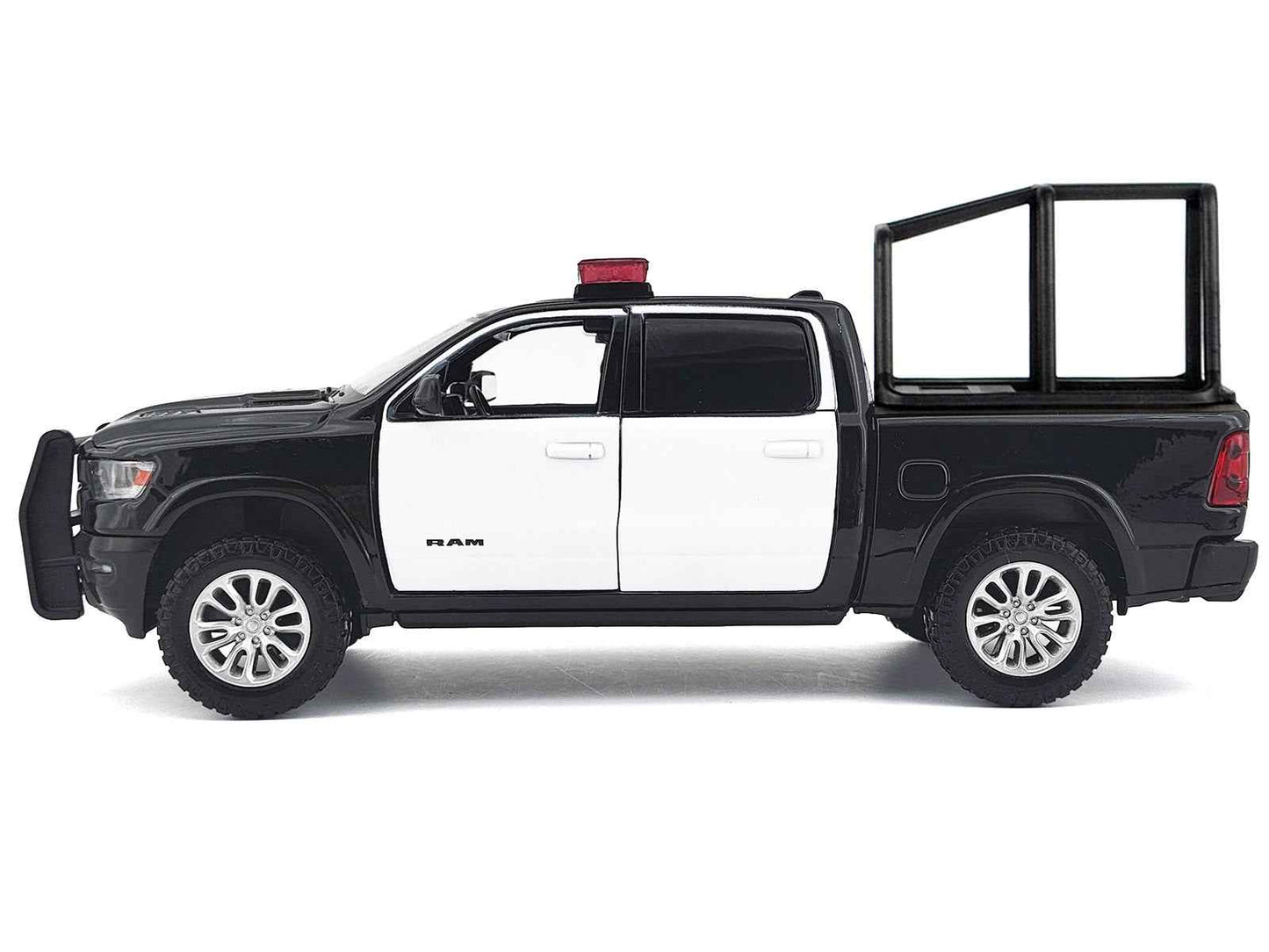 2019 RAM 1500 Laramie Crew Cab Pickup Truck with Bed Cage Black and White with Flashing Light Bar and Front and Rear Lights and Sounds 1/27 Diecast Model Car by Motormax