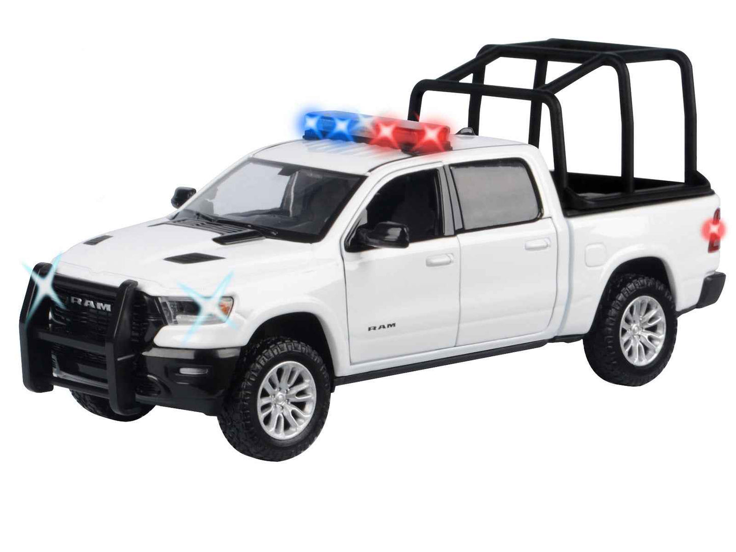 2019 RAM 1500 Laramie Crew Cab Pickup Truck with Bed Cage White with Flashing Light Bar and Front and Rear Lights and Sounds 1/24-1/27 Diecast Model Car by Motormax