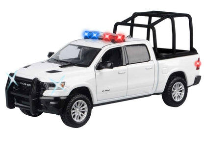 2019 RAM 1500 Laramie Crew Cab Pickup Truck with Bed Cage White with Flashing Light Bar and Front and Rear Lights and Sounds 1/24-1/27 Diecast Model Car by Motormax