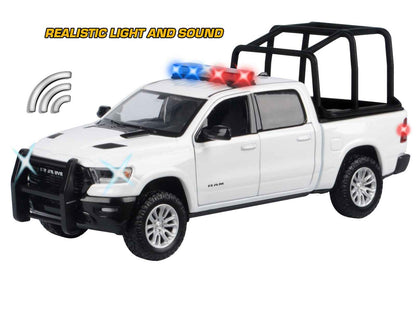 2019 RAM 1500 Laramie Crew Cab Pickup Truck with Bed Cage White with Flashing Light Bar and Front and Rear Lights and Sounds 1/24-1/27 Diecast Model Car by Motormax