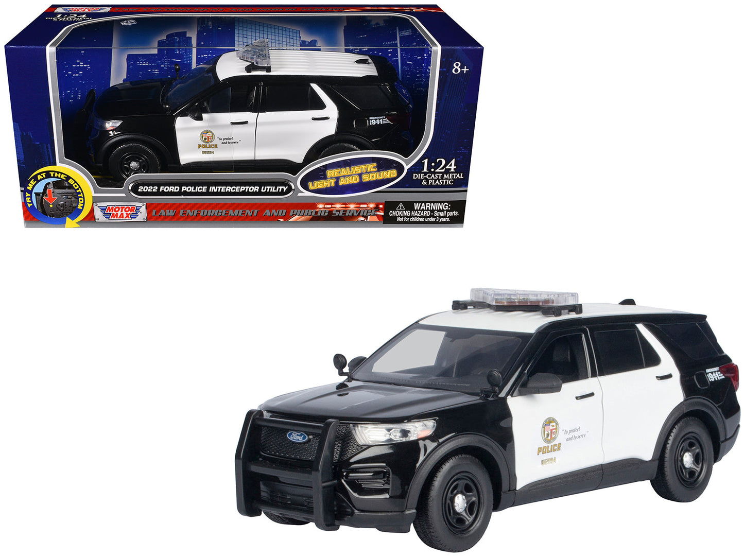 2022 Ford Police Interceptor Utility Black and White "Los Angeles Police Department (LAPD)" with Flashing Light Bar and Front and Rear Lights and Sounds 1/24 Diecast Model Car by Motormax  free shipping USA