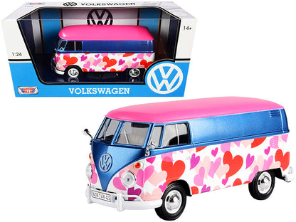 Volkswagen Type 2 (T1) Delivery Van "Love" Pink and Blue Metallic 1/24 Diecast Model Car by Motormax  free shipping USA