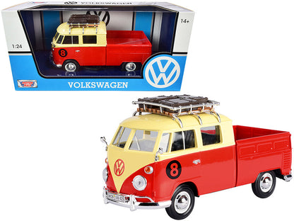 Volkswagen Type 2 (T1) #8 Pickup Truck with Roof Rack and Luggage Red and Yellow 1/24 Diecast Model Car by Motormax  free shipping USA