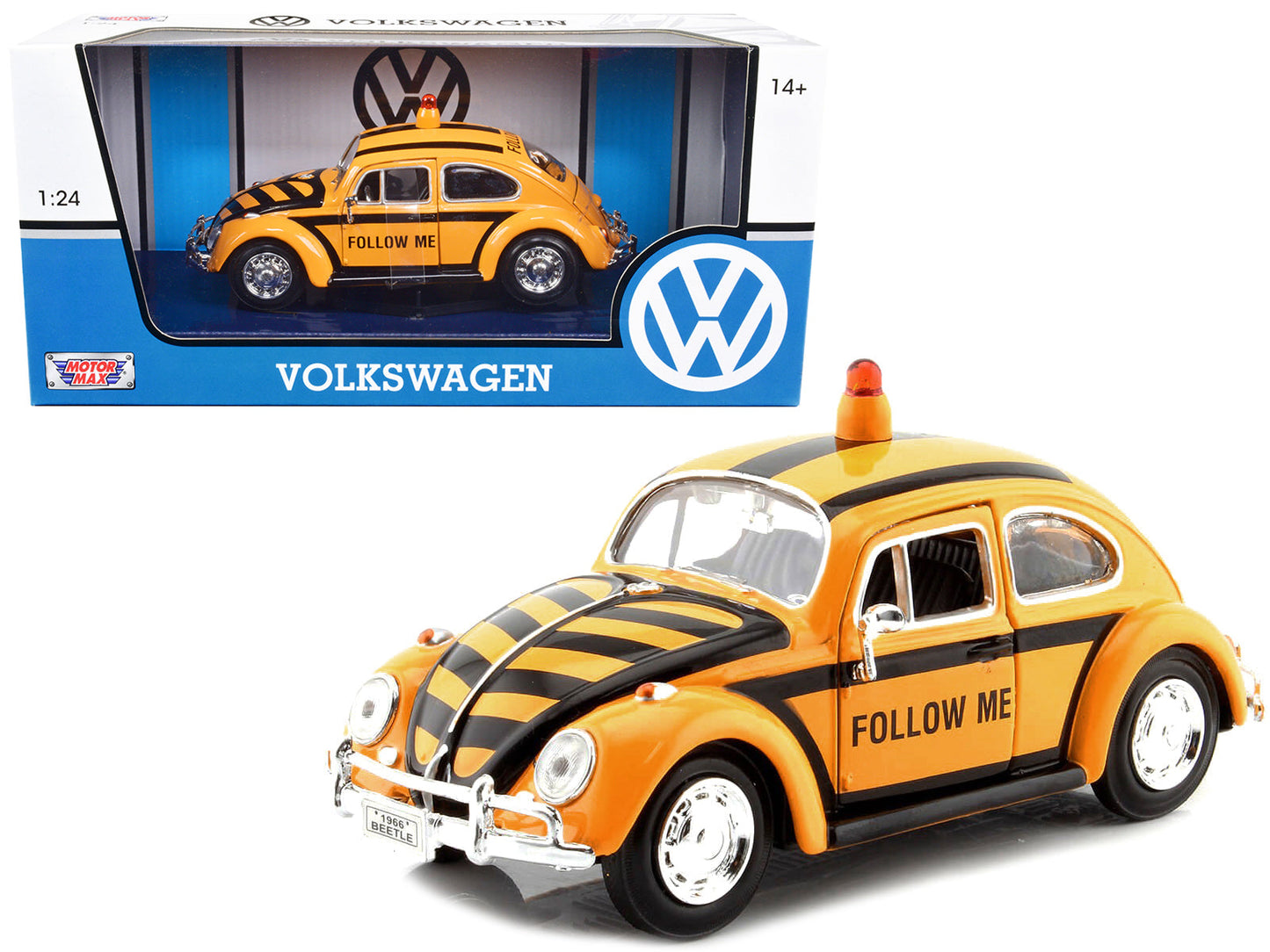 1966 Volkswagen Beetle "Follow Me" Airport Safety Vehicle Yellow with Black Stripes 1/24 Diecast Model Car by Motormax  free shipping USA
