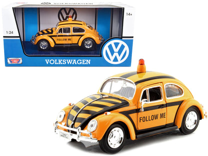 1966 Volkswagen Beetle "Follow Me" Airport Safety Vehicle Yellow with Black Stripes 1/24 Diecast Model Car by Motormax  free shipping USA