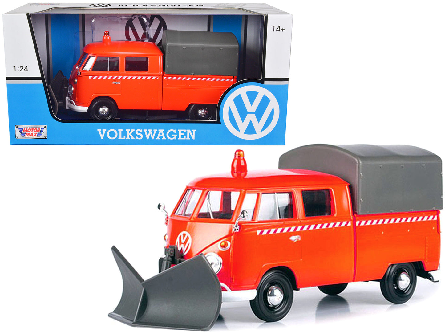 Volkswagen Type 2 (T1) Pickup Truck Orange with Snow Plow and Camper Shell 1/24 Diecast Model Car by Motormax  free shipping USA