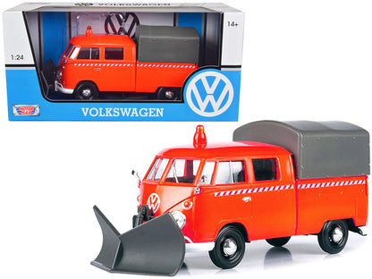 Volkswagen Type 2 (T1) Pickup Truck Orange with Snow Plow and Camper Shell 1/24 Diecast Model Car by Motormax  free shipping USA