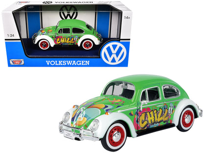 1966 Volkswagen Beetle Green with Graffiti Graphics 1/24 Diecast Model Car by Motormax  free shipping USA