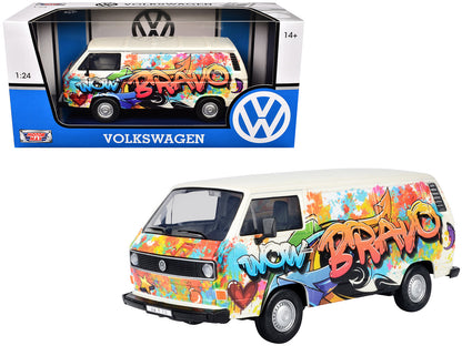 Volkswagen Type 2 (T3) Van White Metallic with Graffiti Graphics 1/24 Diecast Model Car by Motormax  free shipping USA