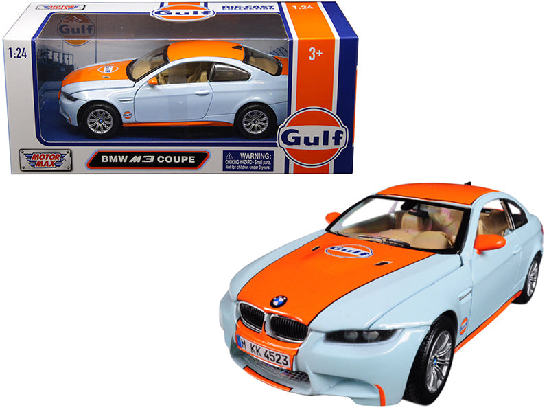 BMW M3 Coupe with "Gulf Oil" Livery Light Blue with Orange Stripe 1/24 Diecast Model Car by Motormax  free shipping USA