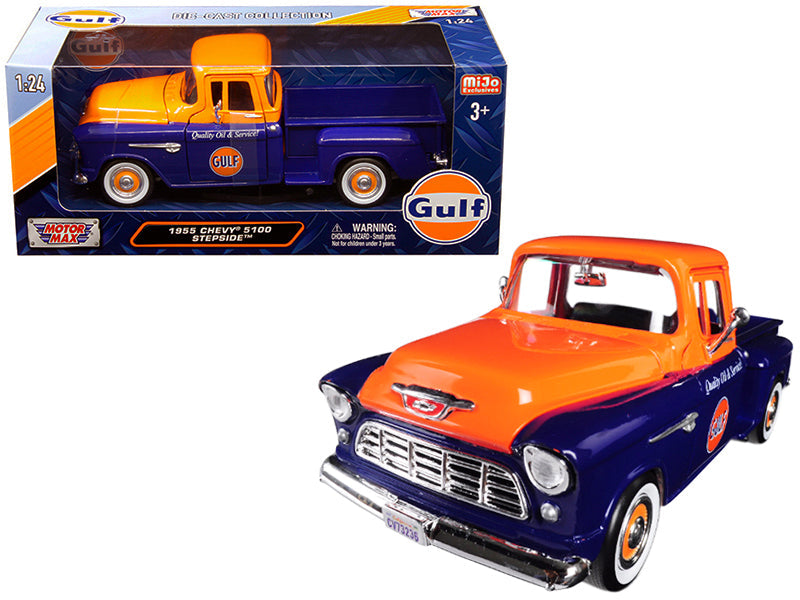 1955 Chevrolet 5100 Stepside Pickup Truck "Gulf" Dark Blue and Orange 1/24 Diecast Model Car by Motormax  free shipping USA