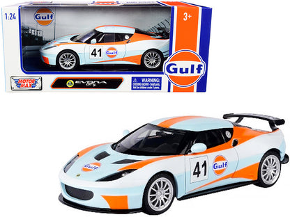 Lotus Evora GT4 #41 "Gulf Oil" Light Blue with White and Orange Stripes 1/24 Diecast Model Car by Motormax  free shipping USA