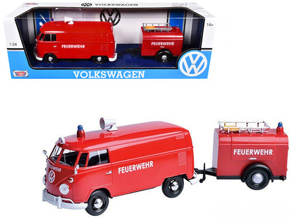 Volkswagen Type 2 (T1) Fire Van with Fire Fighting Trailer "Feuerwehr" Red 1/24 Diecast Model Car by Motormax  free shipping USA