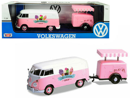 Volkswagen T1 Delivery Van with Ice-Cream Trailer Pink and White "Ice-Cream Shop" 1/24 Diecast Model Car by Motormax  free shipping USA