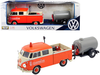 Volkswagen Type 2 (T1) Pickup Truck Orange and Cream with Oil Trailer "Road Service" 1/24 Diecast Model Car by Motormax  free shipping USA