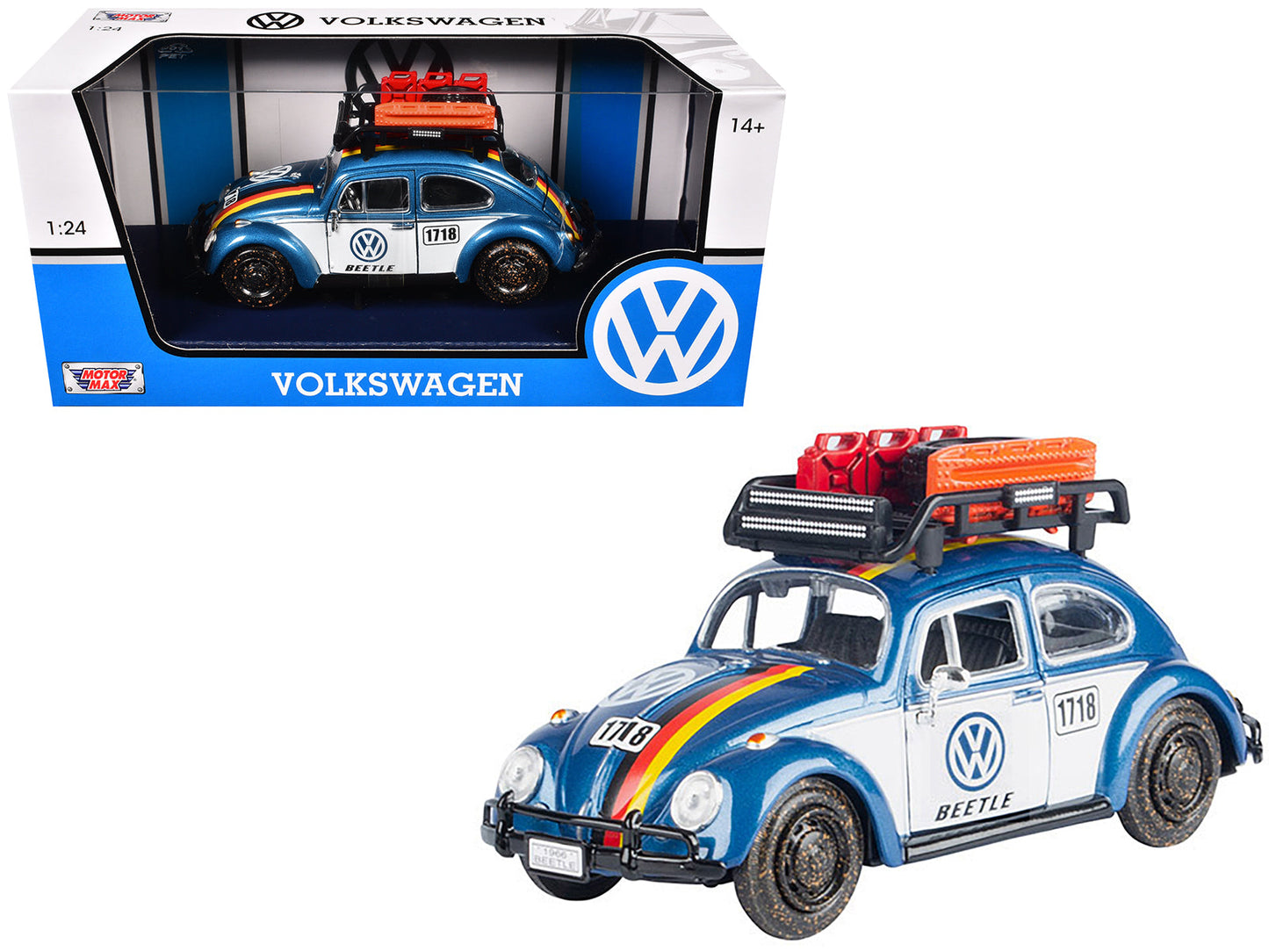 1966 Volkswagen Beetle Off Road #1718 Blue Metallic and White with German Flag Stripes and Roof Rack Accessories 1/24 Diecast Model Car by Motormax  free shipping USA