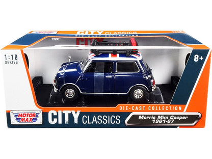 Top-Pick | 1961-1967 Morris Mini Cooper RHD (Right Hand Drive) Dark Blue with British Flag on the Top and Roof Rack "City Classics" Series 1/18 Diecast Model Car by Motormax