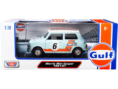 1961-1967 Morris Mini Cooper RHD (Right Hand Drive) #6 "Gulf Oil" Light Blue with Orange Stripes and Checkered Top "City Classics" Series 1/18 Diecast Model Car by Motormax  free shipping USA
