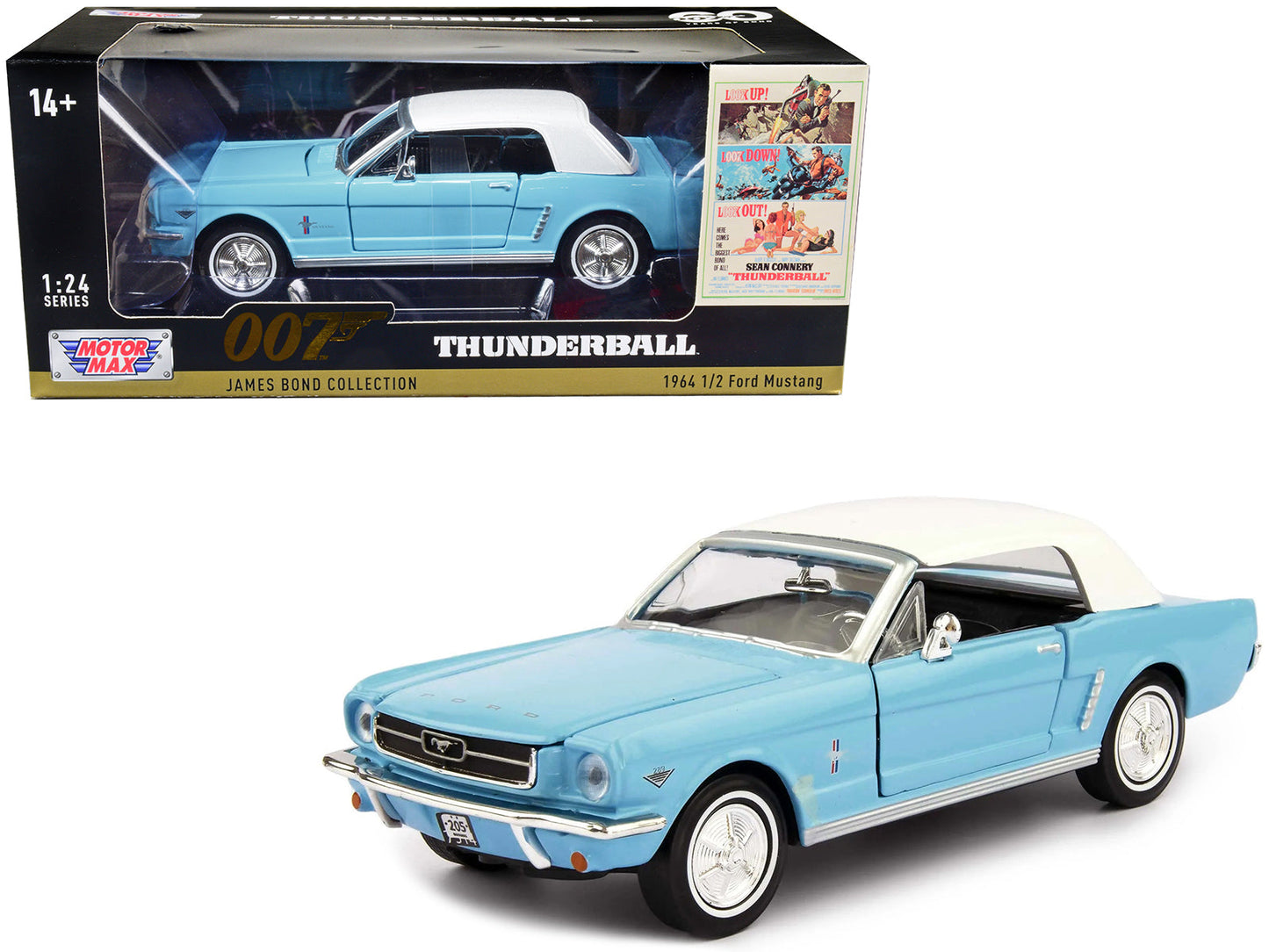 1964 1/2 Ford Mustang Light Blue with White Top James Bond 007 "Thunderball" (1965) Movie "James Bond Collection" Series 1/24 Diecast Model Car by Motormax  free shipping USA