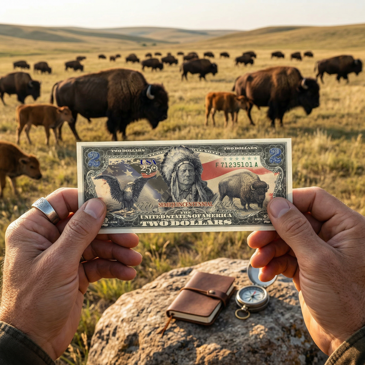 250th Anniversary $2 Bill – Black Eagle, Indian Chief & Bison