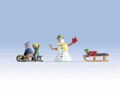 Noch 17921 O Scale Children Playing in the Snow -- 3 Children, 2 Sleds, Snowman