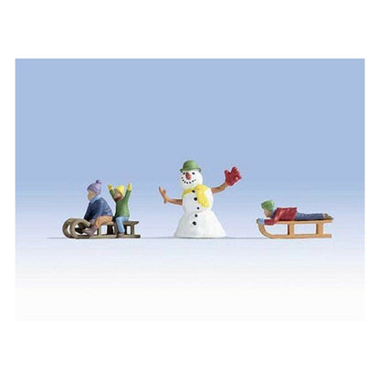Noch 17921 O Scale Children Playing in the Snow -- 3 Children, 2 Sleds, Snowman