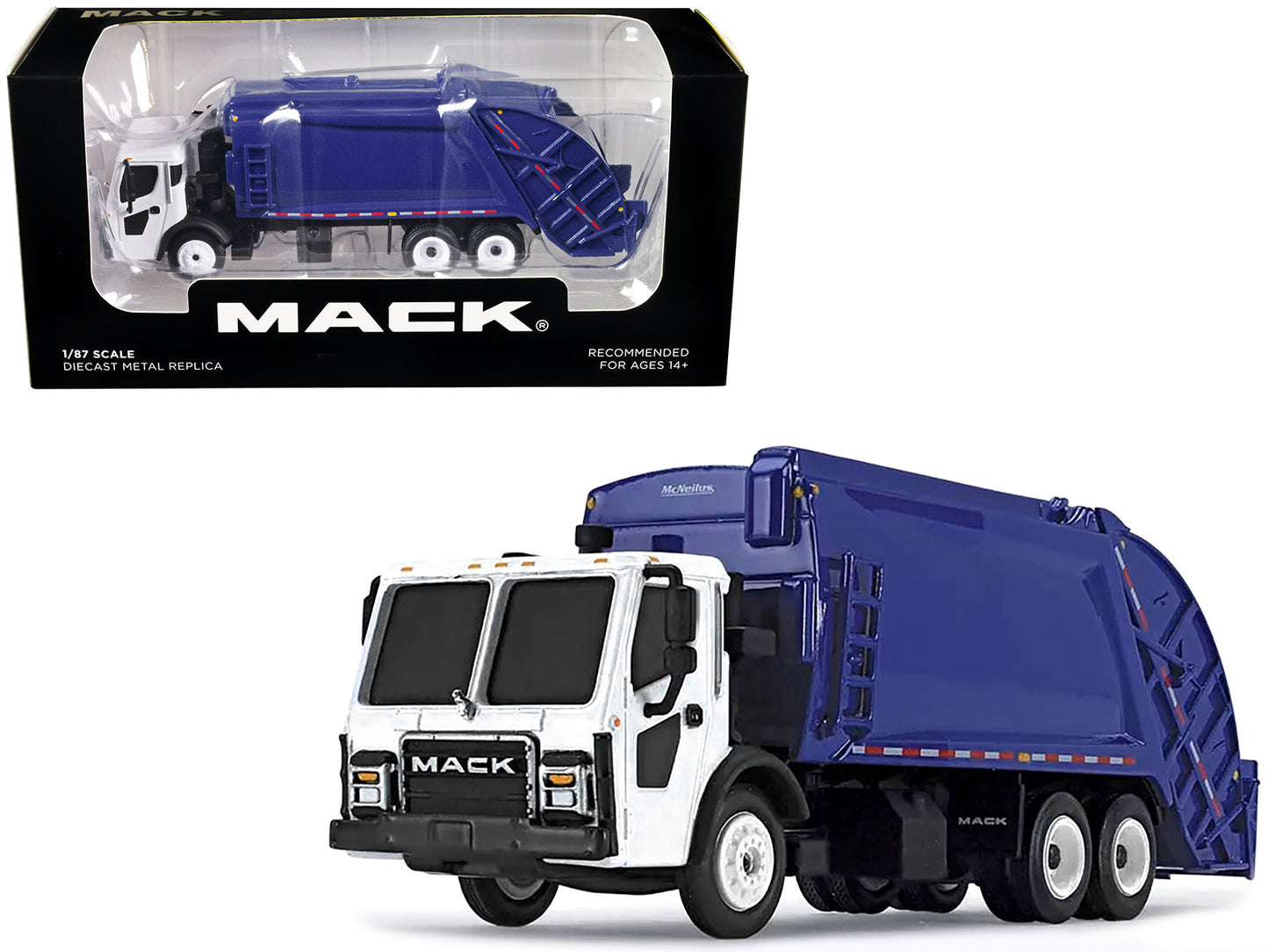 Mack LR with McNeilus Rear Load Refuse Body Blue and White 1/87 (HO) Diecast Model by First Gear  free shipping USA