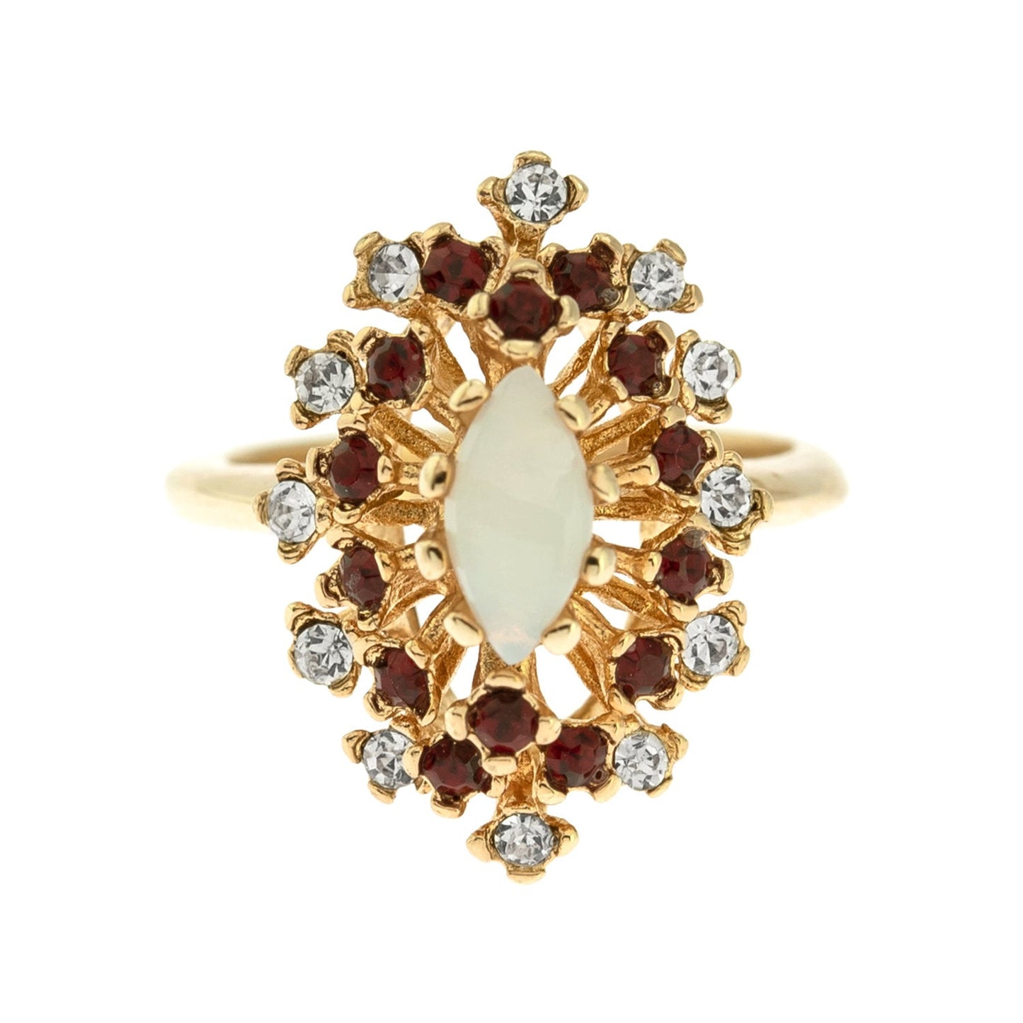 Vintage Ring Genuine Opal with Clear and Ruby Austrian Crystals 18kt Yellow Gold Electroplated by PVD Vintage Jewelry
