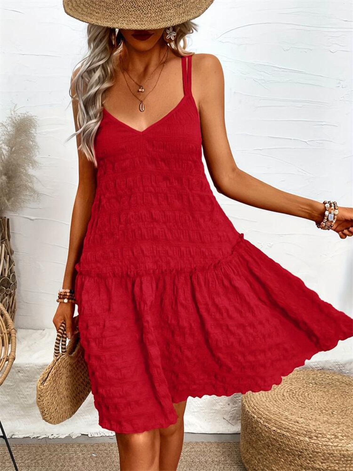 Crisscross Double Spaghetti Straps Tiered Cami Dress