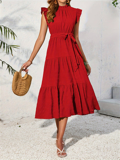 Frill Mock Neck Ruffled Cap Sleeve Midi Dress