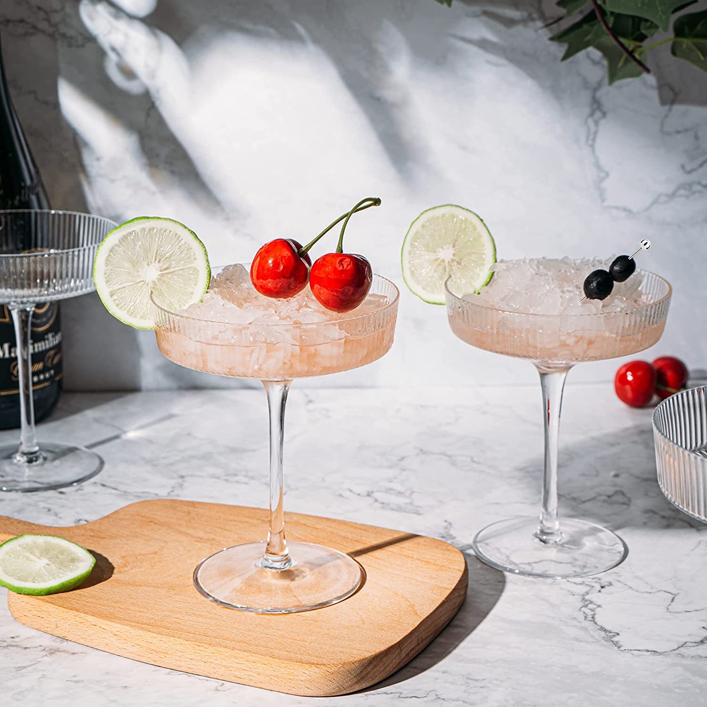 Ribbed Coupe Cocktail Glasses 8 oz | Set of 4 | Classic Manhattan Glasses For Cocktails, Champagne Coupe, Ripple Coupe Glasses, Art Deco Gatsby Vintage, Crystal with Stems (Clear) by The Wine Savant