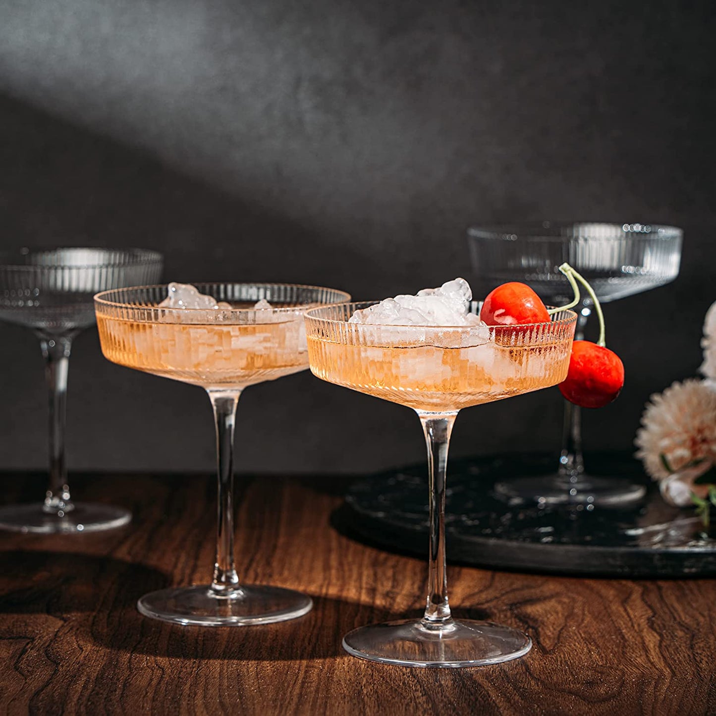 Ribbed Coupe Cocktail Glasses 8 oz | Set of 4 | Classic Manhattan Glasses For Cocktails, Champagne Coupe, Ripple Coupe Glasses, Art Deco Gatsby Vintage, Crystal with Stems (Clear) by The Wine Savant
