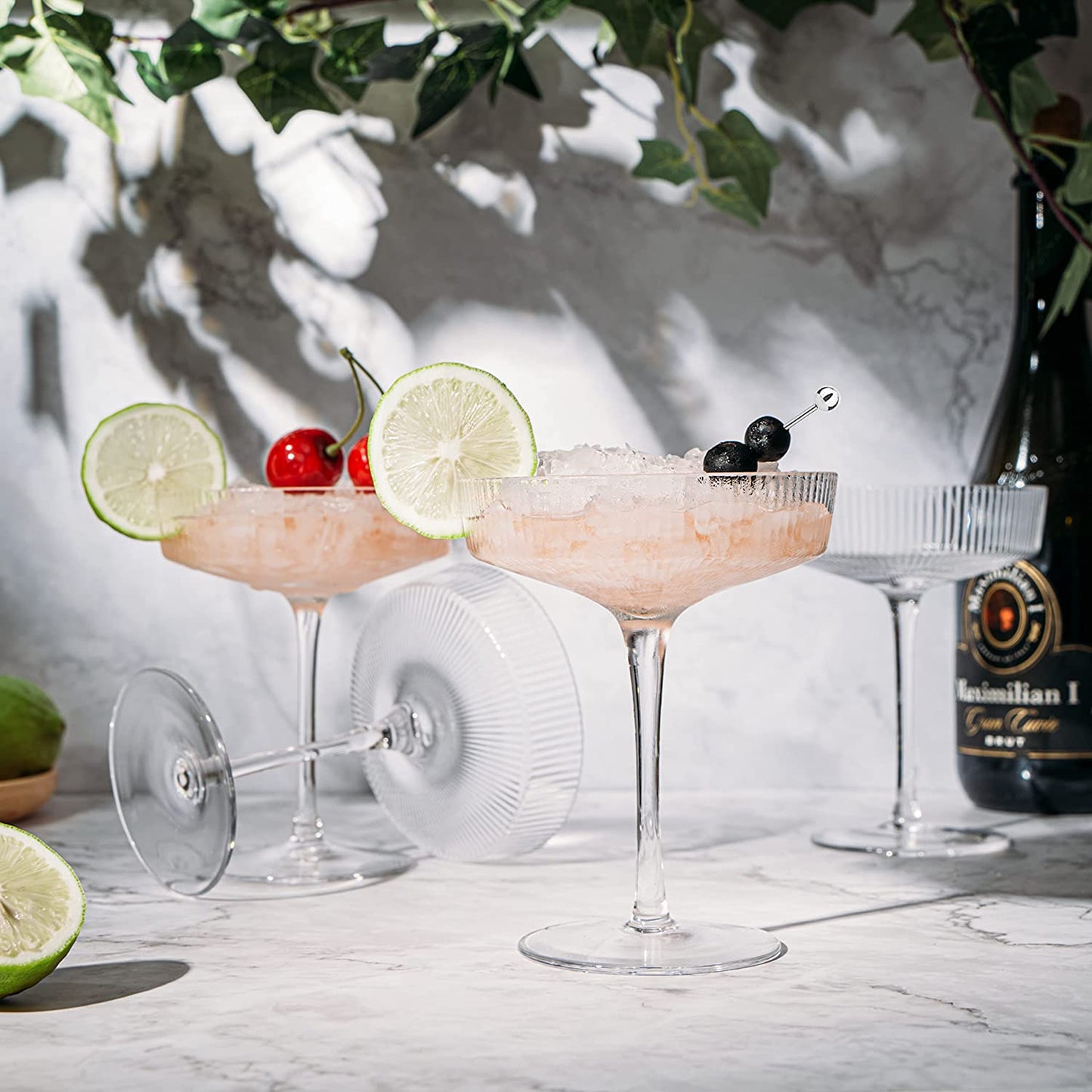 Ribbed Coupe Cocktail Glasses 8 oz | Set of 4 | Classic Manhattan Glasses For Cocktails, Champagne Coupe, Ripple Coupe Glasses, Art Deco Gatsby Vintage, Crystal with Stems (Clear) by The Wine Savant