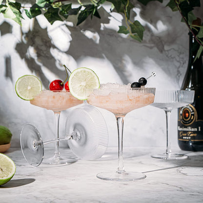 Ribbed Coupe Cocktail Glasses 8 oz | Set of 4 | Classic Manhattan Glasses For Cocktails, Champagne Coupe, Ripple Coupe Glasses, Art Deco Gatsby Vintage, Crystal with Stems (Clear) by The Wine Savant