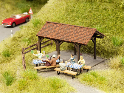 Noch 12031 HO Scale Garden Party -- 6 People, 2 Tables, 4 Benches & Picnic Shelter
