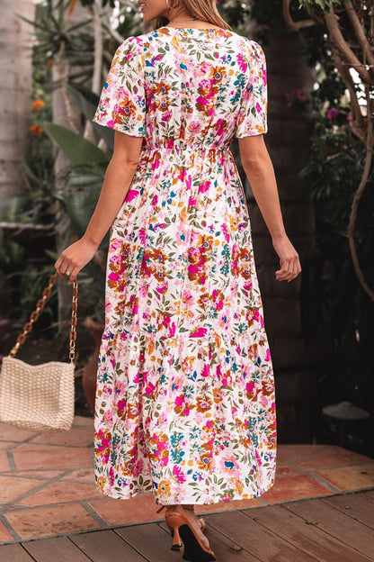 Floral Short Sleeve V Neck Dress with Pockets