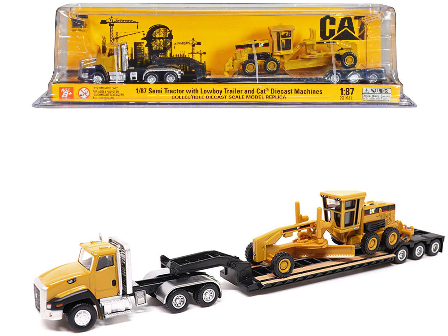 CAT Caterpillar CT660 Day Cab Tractor Yellow with Lowboy Trailer and CAT 163H Motor Grader Yellow 1/87 (HO) Diecast Model by Diecast Masters  free shipping USA