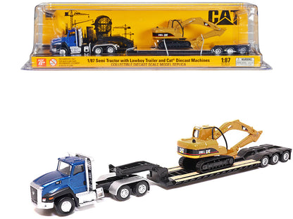 CAT Caterpillar CT660 Day Cab Tractor Blue Metallic with Lowboy Trailer and CAT 315C L Hydraulic Excavator Yellow 1/87 (HO) Diecast Model by Diecast Masters  free shipping USA