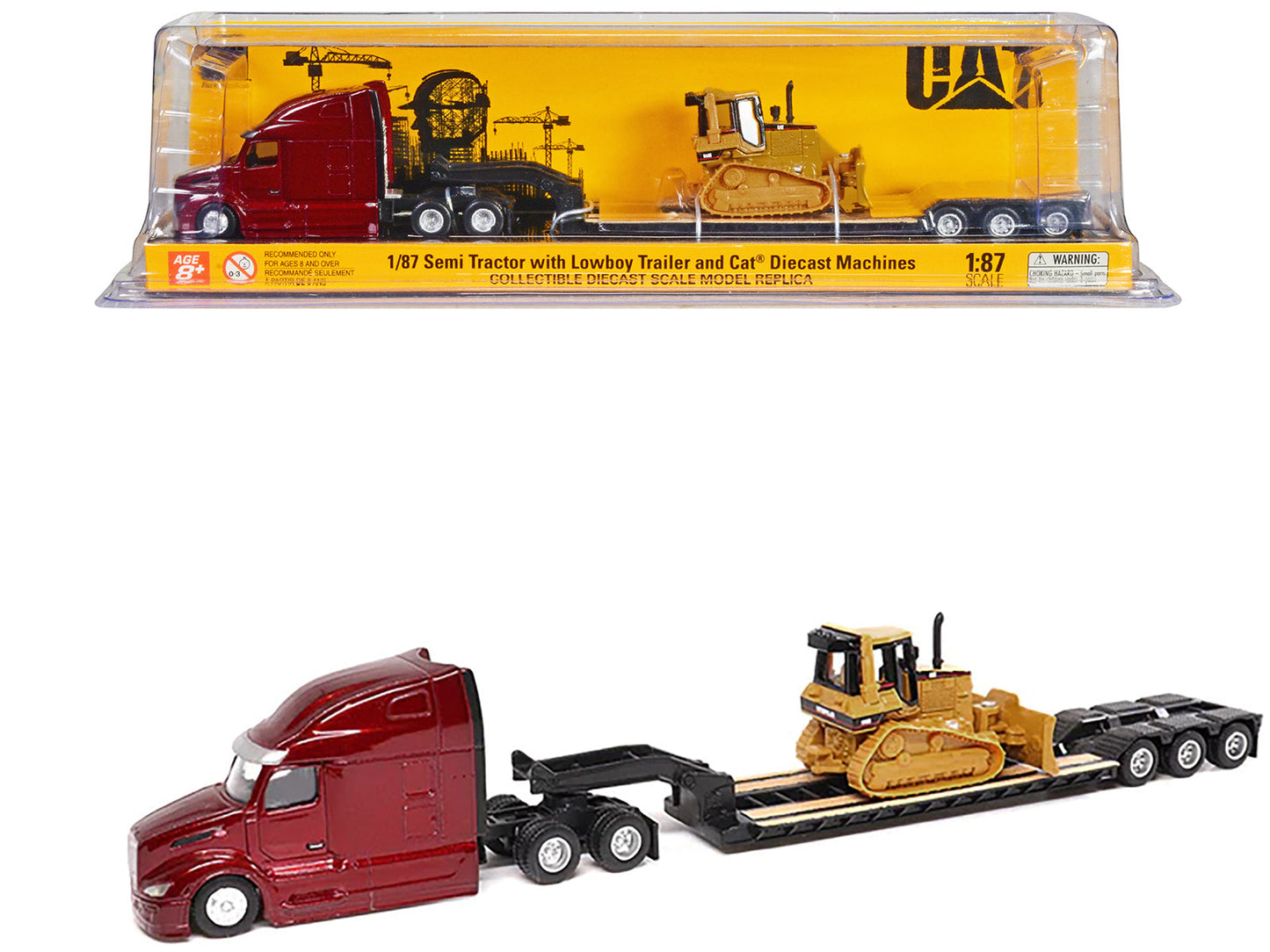 Peterbilt 579 UltraLoft Tandem Tractor Red Metallic with Lowboy Trailer and CAT D5M Dozer Yellow 1/87 (HO) Diecast Model by Diecast Masters  free shipping USA