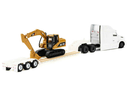 Peterbilt 579 Tractor White with Lowboy Trailer and CAT 315C Excavator Yellow 1/87 (HO) Diecast Model by Diecast Masters