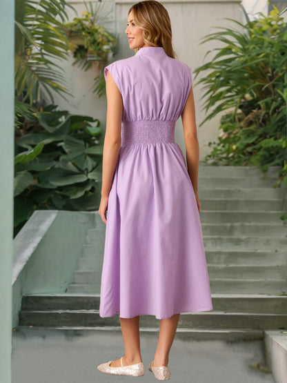 Smocked Zip Front Cap Sleeve Dress