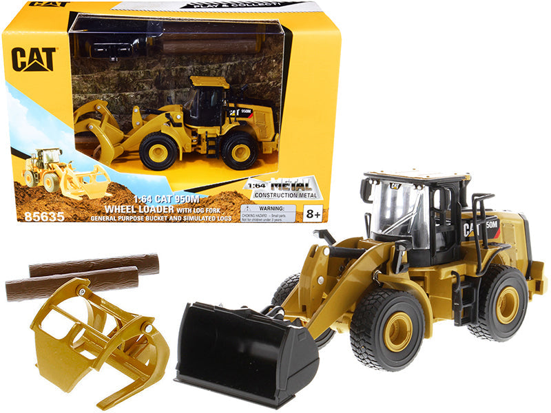 CAT Caterpillar 950M Wheel Loader with Bucket and Log Fork with Two Log Poles "Play & Collect!" 1/64 Diecast Model by Diecast Masters  free shipping USA