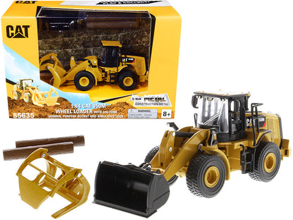 CAT Caterpillar 950M Wheel Loader with Bucket and Log Fork with Two Log Poles "Play & Collect!" 1/64 Diecast Model by Diecast Masters  free shipping USA